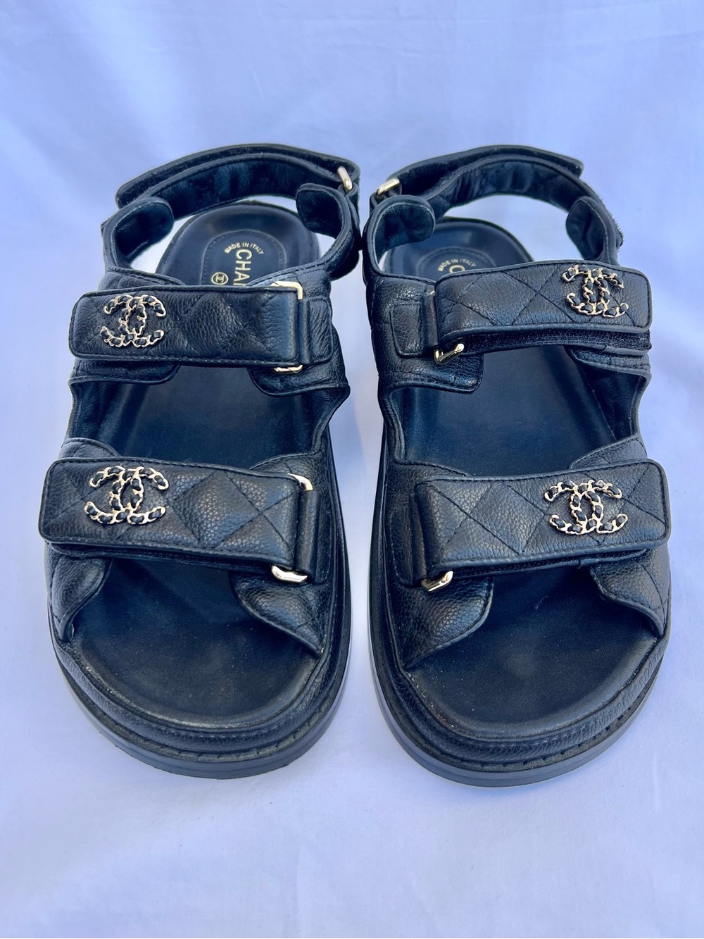 CHANEL Women's Black Leather Quilted Dad CC Slide Birkenstock Sandals Size 38 - Picture 2 of 12